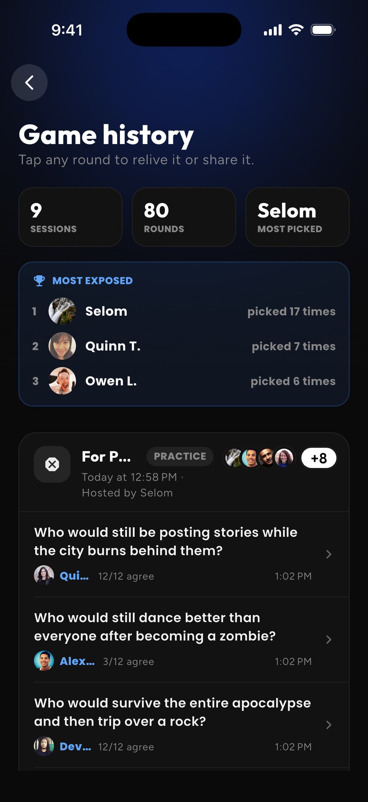 Game history with a Most Exposed leaderboard