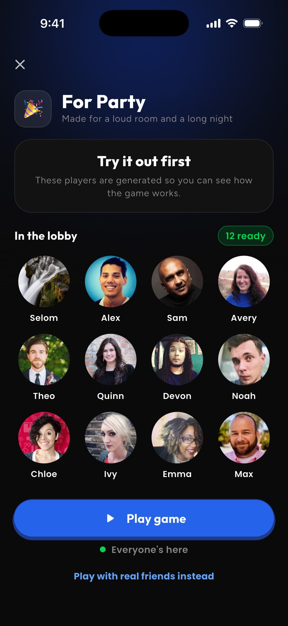 Lobby with twelve friends ready to play