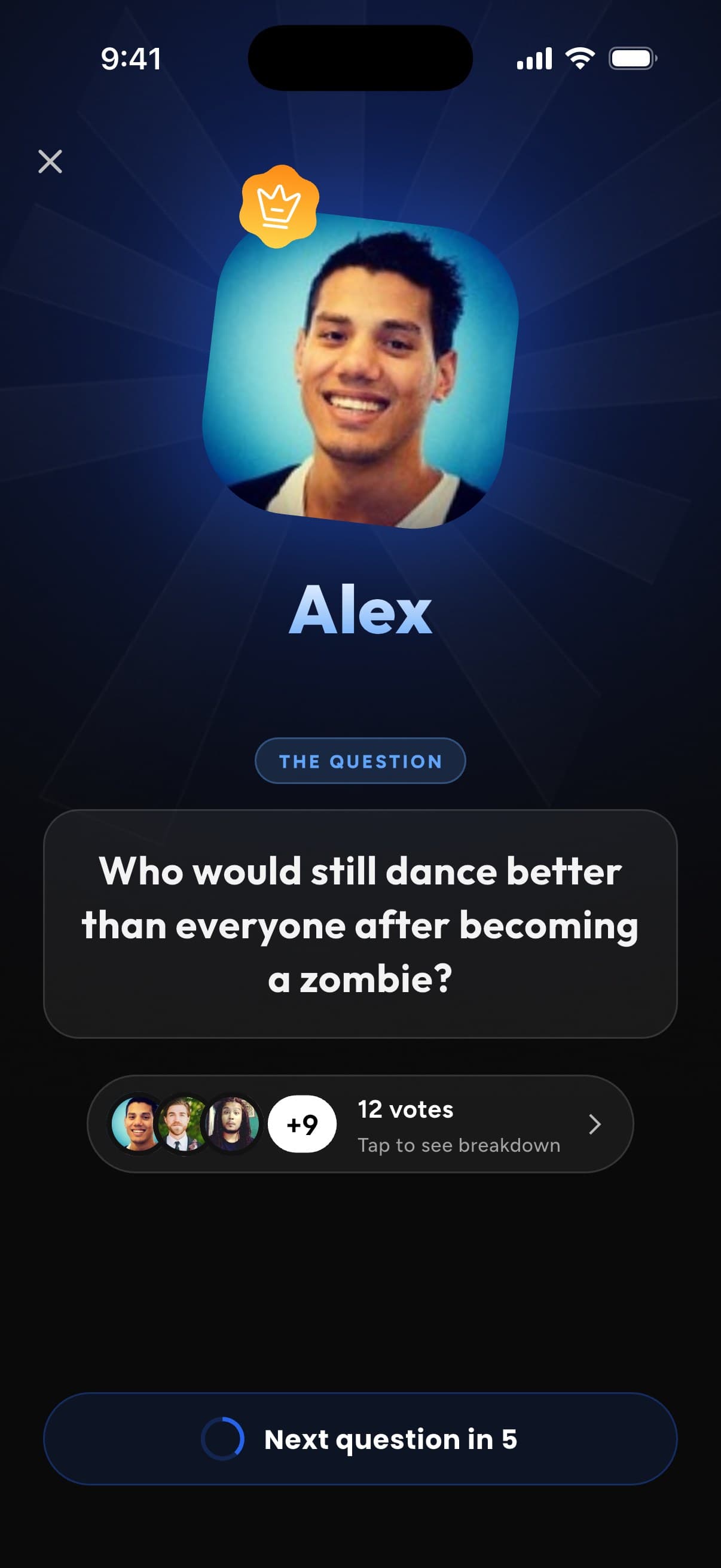 Reveal screen crowning the group’s pick